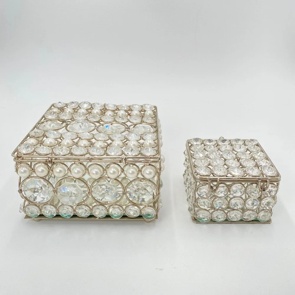 Set of 2 Crystal Rhinestone Beaded Jewelry Mirror Boxes‎ Silver Tone Hinged